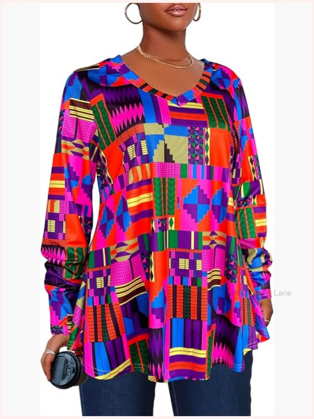 African Dashiki Print Long Sleeve V-Neck Tunic Blouse Plus Size
